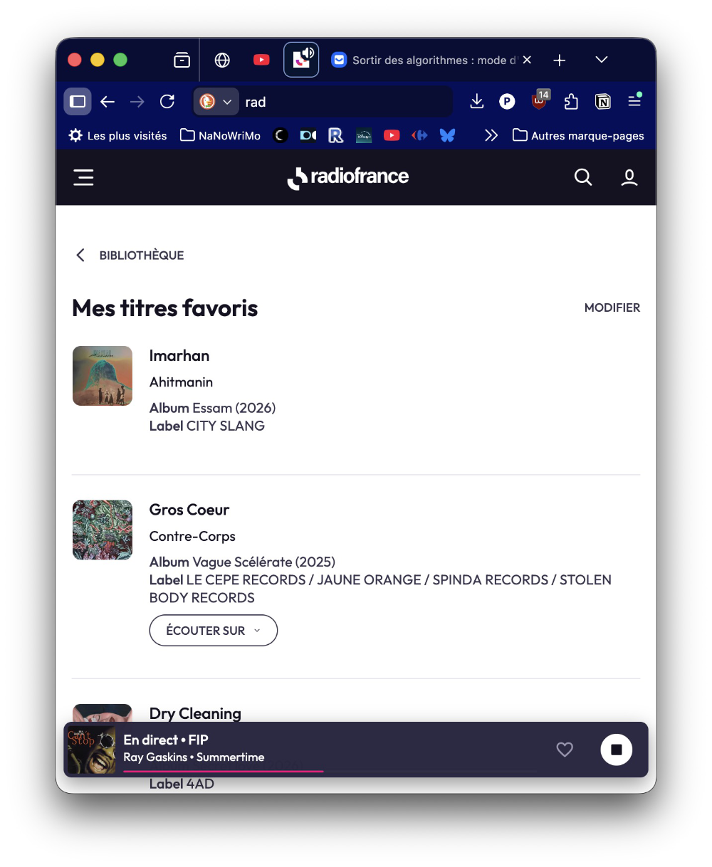 Capture d'écran de mes derniers favoris chez Fip