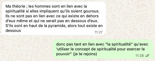 Nathalie : Ma théorie ; les hommes sont en lien avec la spiritualité si elles impliquent qu’ils soient gourous. Ils ne sont pas en lien avec ce qui existe en dehors d’eux même et qui ne serait pas en dessous d’eux. S’ils sont en haut de la pyramide, alors tout existe en dessous

Moi : donc pas tant en lien avec "la spiritualité" qu'avec ‘utiliser le concept de spiritualité pour exercer le pouvoir" (je te rejoins)